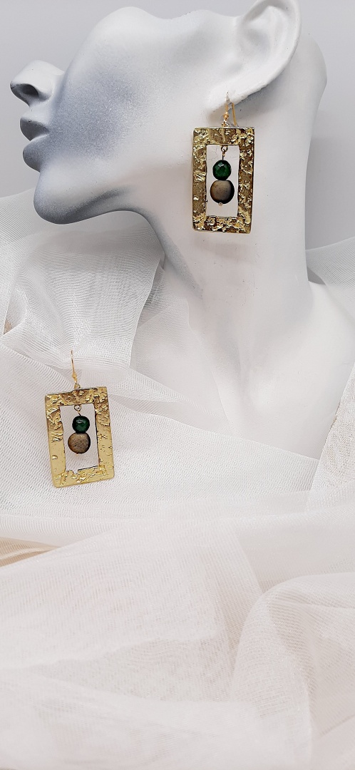 BRASS EARRINGS  "PARALLELOGRAM WITH AGATES"  AGPS12.AGT