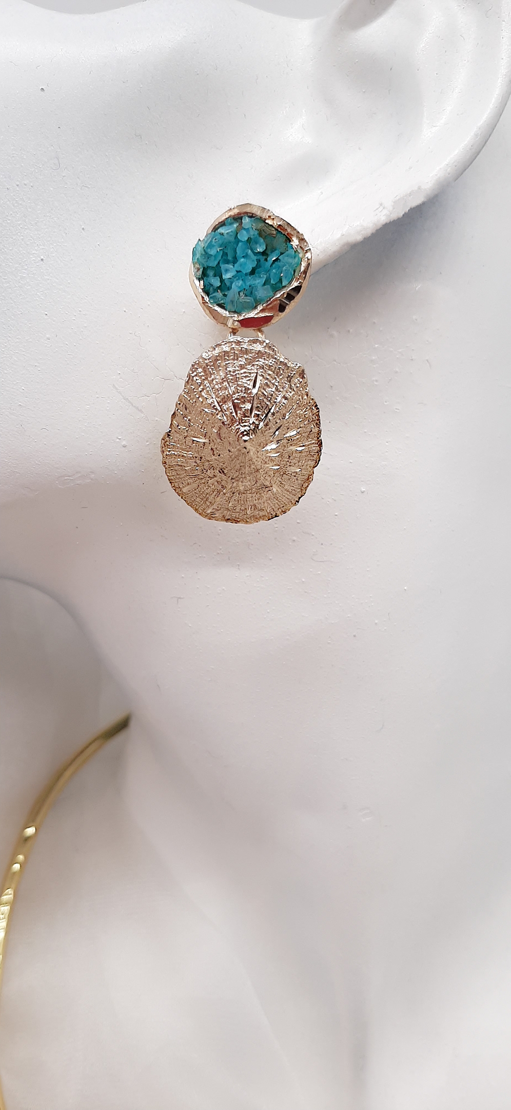 BRASS EARRINGS  LIKE SHELL,TIDE WITH TURQUOISE MINERALS CRYSTALS AND STAINLESS STEEL PINS