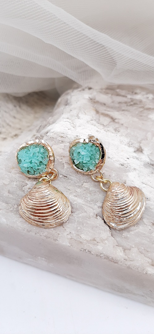 BRASS EARRINGS  LIKE SHELL TIDE WITH LIGHT BLUE MINERALS CRYSTALS AND STAINLESS STEEL PINS