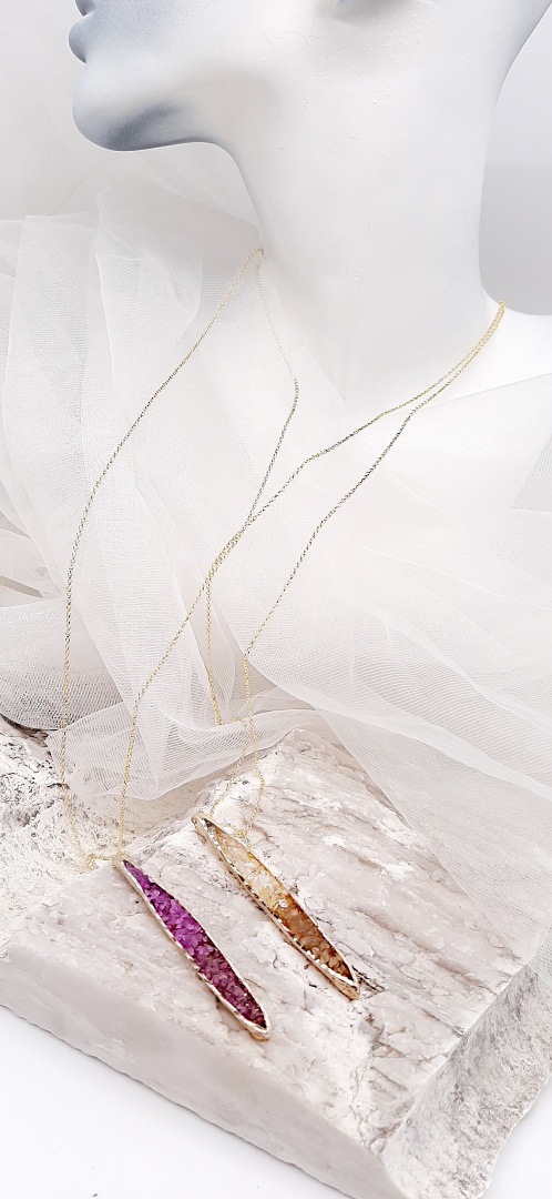 BRASS  NECKLACE WITH  PURPLE OR GOLDEN- WHITE MINERALS CRYSTALS ,TIDE WITH STAINLESS STEEL LONG CHAIN