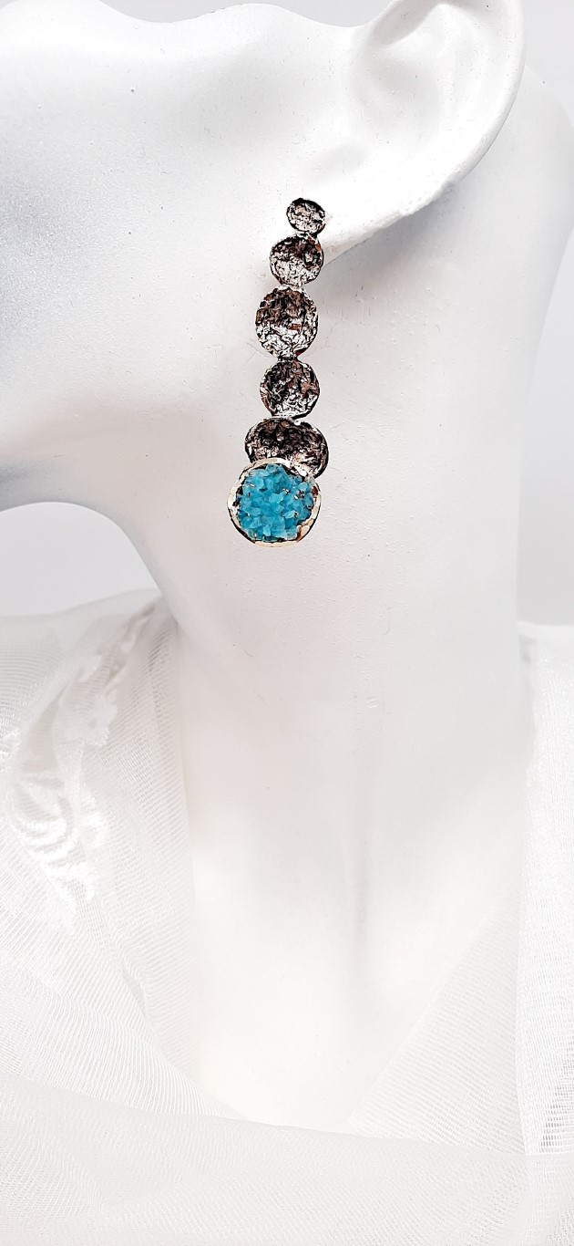 BRASS EARRINGS IN GOLDEN- BROWN COLOR BLUE MINERALS CRYSTALS AND STERLING  SILVER ( 925 ) PINS