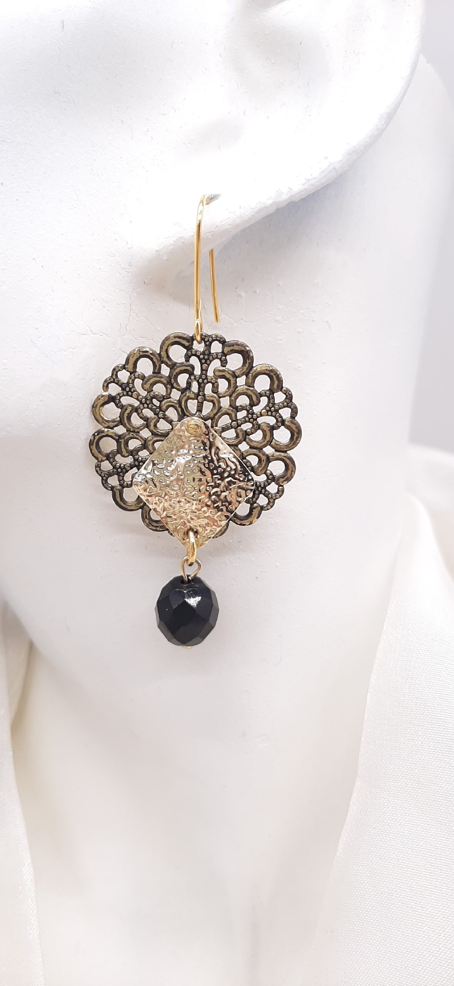 BLACK LACE BRASS EARRINGS, BRASS HOOK ATTACHED ON EAR "BLACK LACE MARS28.85"