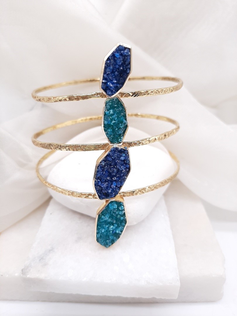 BRASS BRACELET WITH  THREE HOOPS, BLUE AND GREEN-LIGHT BLUE CRYSTALS