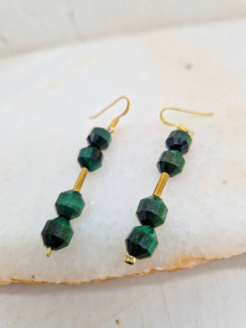 EARRINGS  WITH GREEN SEMIPRECIOUS STONES (CAT EYE'S ) AND GOLD PLATED SILVER HOOK