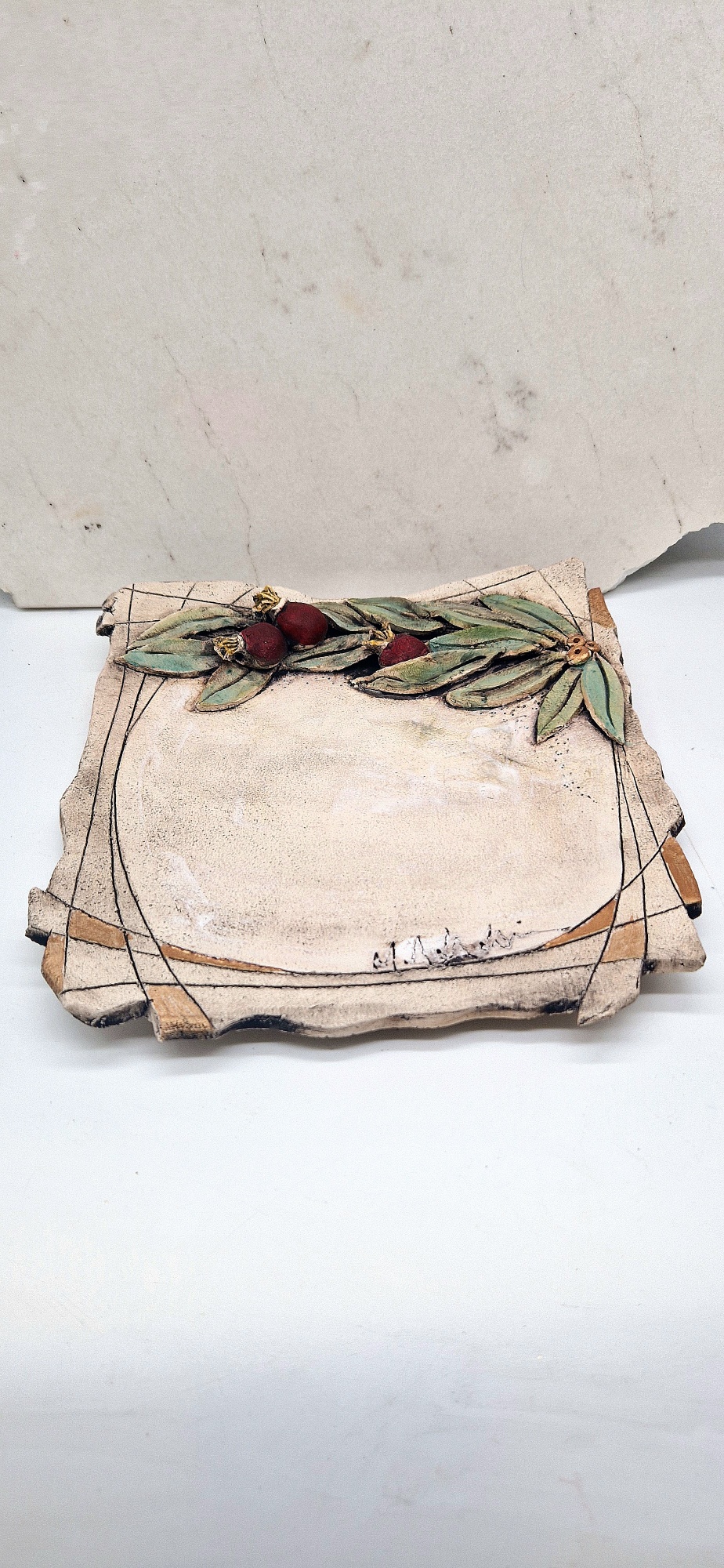 POMEGRANATE BRANCH CERAMIC PLATE SQUARE 