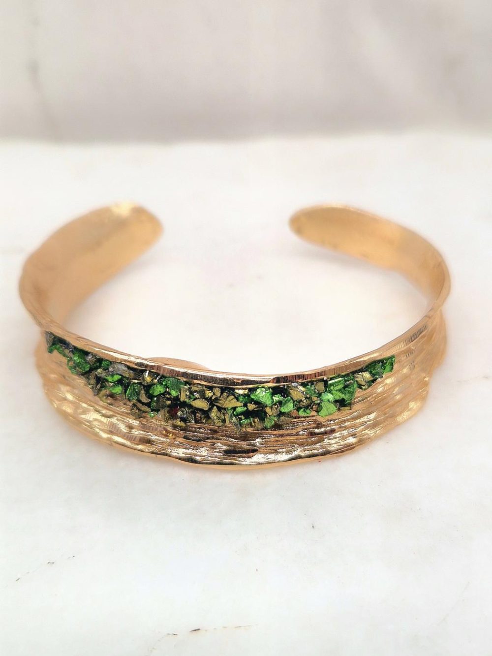 BRASS BRACELET HAND CARVED BY DIAMOND, COLORED WITH GOLEN PATINA