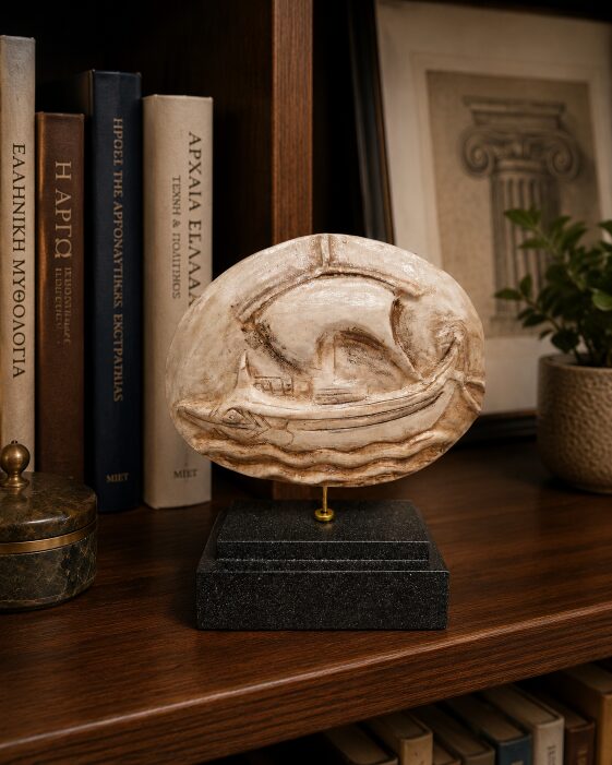 HANDCRAFTED, RELIF ARGO SHIP, ON A WOODEN BASE